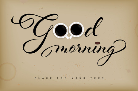 Inscription Good morning on retro grungy background, cups of coffee and copy space for your text - vector illustrationのイラスト素材