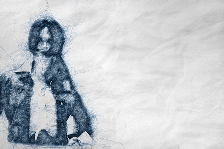 Illustration of posing girl model in hand drawn style on crumpled paper and copy space for your textの写真素材