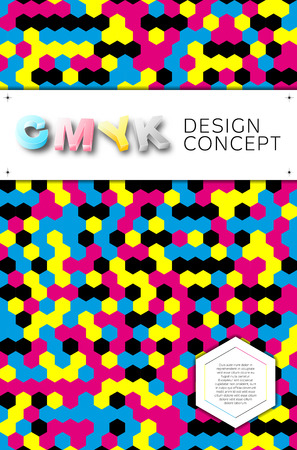 CMYK print design concept background with mosaic, 3D letters and place for your text. Vector illustration.のイラスト素材