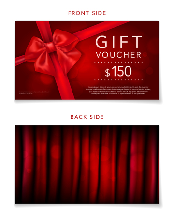 Elegant red gift voucher with bow and sample text - front and back side. Vector illustration.のイラスト素材