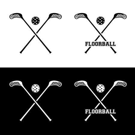 Set of floorball icons of ball and sticks on white and black background - vector illustrationのイラスト素材