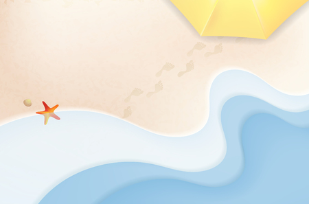 Abstract summer beach with sea waves, footprints in sand, shells and umbrella - vector illustrationのイラスト素材