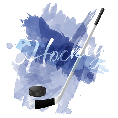 Abstract blue watercolor splashes with ice hockey equipment on white background - vector illustrationのイラスト素材
