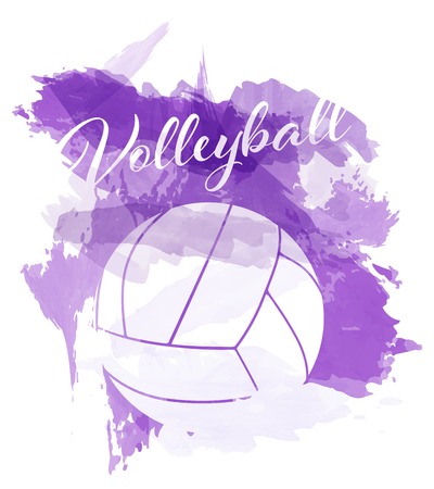 Abstract violet watercolor splashes with volleyball ball silhouette on white background - illustrationの写真素材