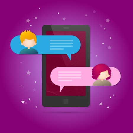 Display of mobile phone with user icons and abstract chat - vector illustrationのイラスト素材