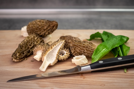 Slices of morel mushrooms, wild garlic and knife on wooden board - detail from kitchenの写真素材
