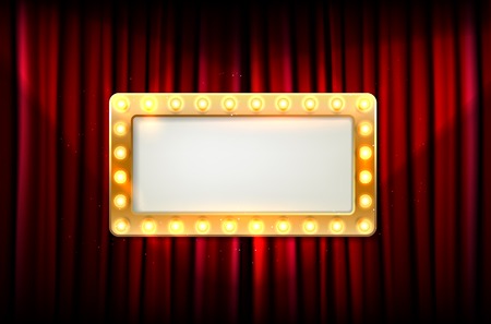 Empty golden frame with light bulbs on red curtain - place for your text. Vector illustration.のイラスト素材