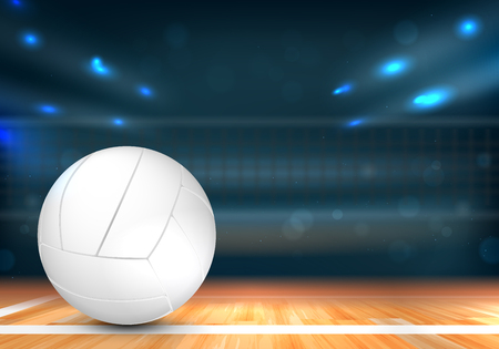 Volleyball ball on wooden floor and sport arena with net and blurred background lights - illustrationの写真素材
