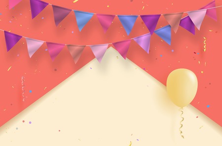 Colorful background with air balloon, flags, confetti and copy space for your text - vector illustrationのイラスト素材