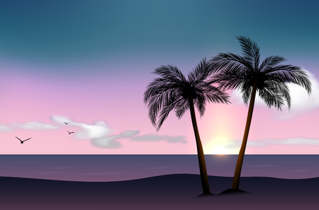Sunset on sea coast with palm trees, flying birds and wonderful evening sky with clouds - vector illustrationのイラスト素材