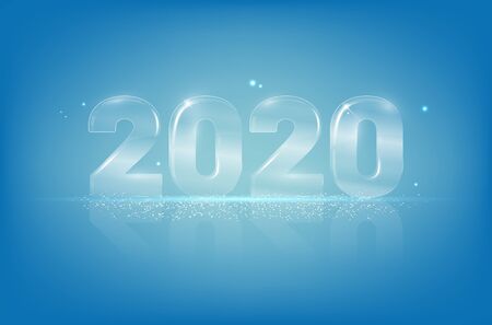 Glassy shiny transparent numbers 2020 on blue background - new year card with copy space for your text. Vector illustration.のイラスト素材