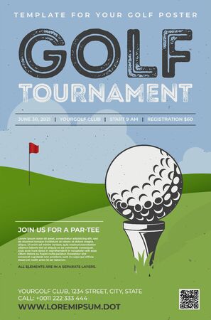 Retro style poster template for golf tournament. Golf ball on tee, green grass and blue sky with clouds. Vector illustration.のイラスト素材