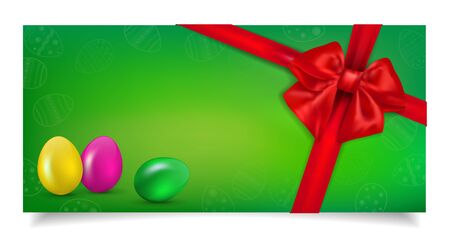 Green paper easter invitation, voucher etc. - background with easter eggs, red bow and place for your text. Vector illustration.のイラスト素材