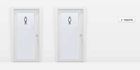 Toilets doors with man and woman symbols, wall and TOILETS sign - vector illustrationのイラスト素材