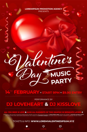 Valentines music party poster template. Red background with abstract glossy heart with bow and copy space for your text. Vector illustration.のイラスト素材