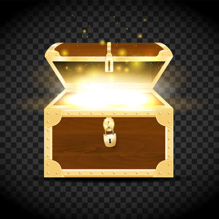 Wooden chest with gold fittings and glowing treasure inside on transparent background - vector illustrationのイラスト素材