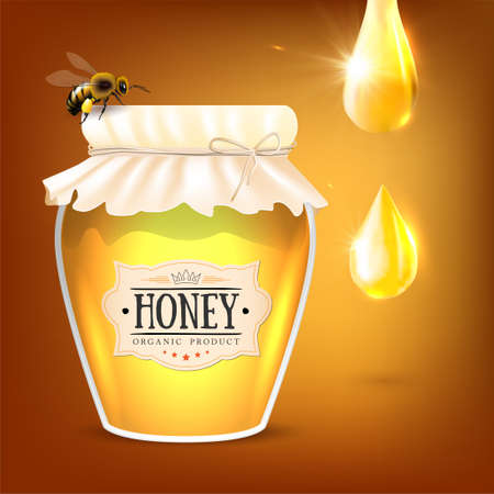 Bee, shiny honey drops and glass of honey with paper label - vector illustrationのイラスト素材