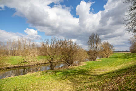 Spring landscape with river, green meadow, trees and blue sky with white clouds - Czech Republic,...