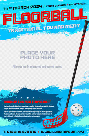 Floorball tournament poster template with stick, ball and place for your photo - vector illustrationのイラスト素材