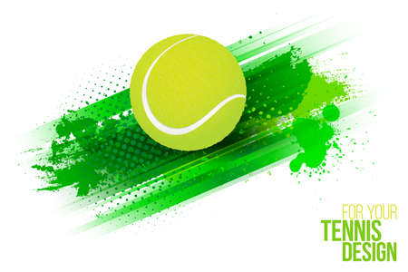 Abstract green grungy background with stripes and tennis ball. Template for your sport design. Vector illustration.のイラスト素材