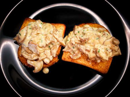 Mushrooms in cream sauce with herbs on roasted toast - detail from kitchen on black backgroundの写真素材