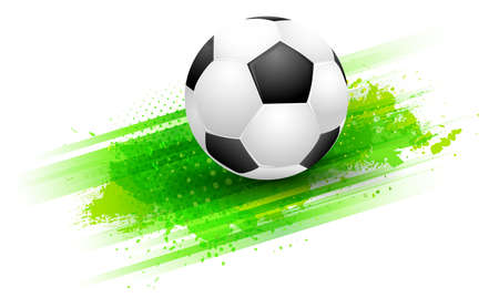 Abstract green background with stripes, grungy texture and football soccer ball. Template for your sport design. Vector illustration.のイラスト素材