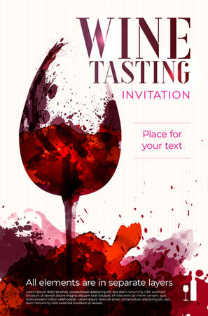 Silhouette of wine glass on watercolor splashes background - poster or card template with copy space for your text. Vector illustration.のイラスト素材