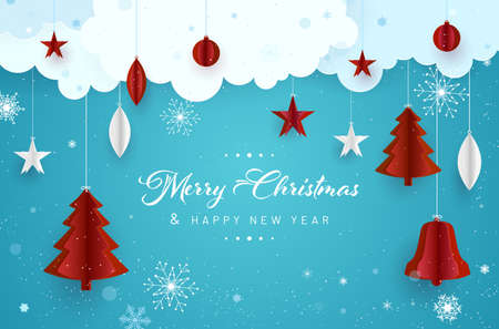 Merry Christmas and Happy New Year card with snowflakes and hanging paper Christmas balls - vector illustrationのイラスト素材