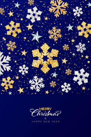 Merry Christmas and Happy New Year blue card with abstract shiny golden and silver snowflakes, stars and particles - vector illustrationのイラスト素材