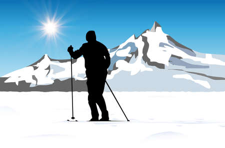Silhouette of cross-country skier on snowy plain under mountains and blue sky with shining sun - vector illustrationのイラスト素材