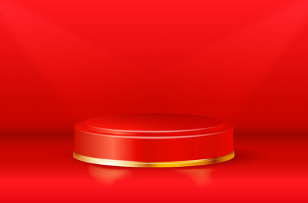 Empty red-gold glowing round podium on red background - vector illustrationのイラスト素材