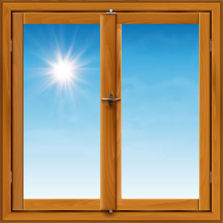 Realistic wooden window and blue sky with shining sun - vector illustrationのイラスト素材