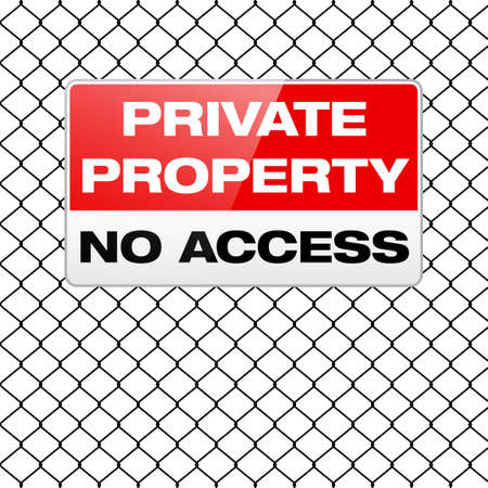 Metal sign PRIVATE PROPERTY - NO ACCESS on metal wire fence - vector illustrationのイラスト素材