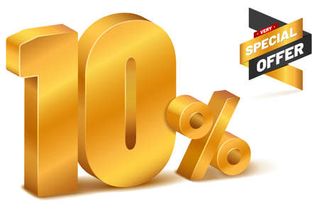 Golden three-dimensional 10 PERCENT sign and very special offer icon - vector illustrationのイラスト素材