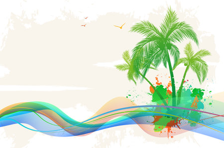 Summer design with abstract waves, palms, splashes and copy space for your text - vector illustrationのイラスト素材