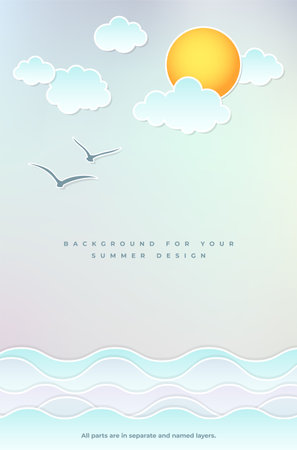 Abstract landscape with water waves, sky, clouds, sun and birds - vector illustrationのイラスト素材