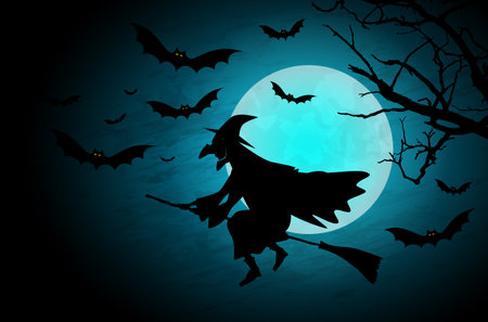 Silhouette of witch flying on broomstick, bats and moon - spooky night scenery. Vector illustration.のイラスト素材