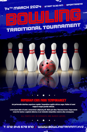 Bowling lane with pins, ball and sample text - poster template. Vector illustration.のイラスト素材