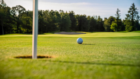 Detail of golf course with hole and ball surrounded by sunny summer nature - generative aiの素材