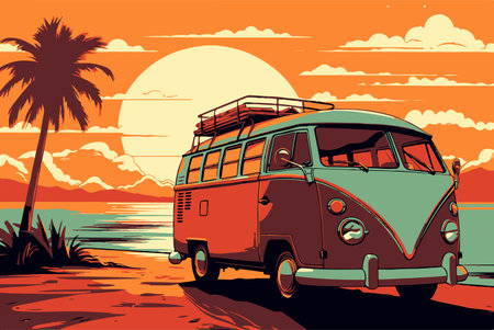 Retro minibus on the beach at sunset - travel concept. Vector illustrationのイラスト素材