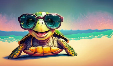 Abstract illustration of funny smiling turtle with sunglasses - generative aiの素材