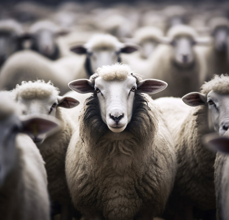 Image of flock of white sheep, one in focus, nice depth of field - generative aiの素材