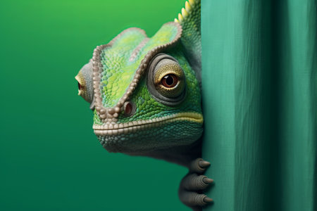 Curious surprised chameleon peeks out from behind green wall, copy space - generative aiの素材