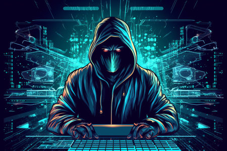 Abstract illustration of hacker in hood - computer security concept - generative aiの素材