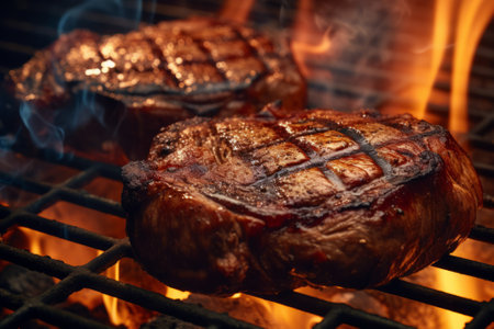 Two beautiful big juicy beef steaks on hot grill - barbecue detail - generative aiの素材