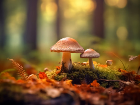 Two abstract mushrooms in colorful autumn forest - soft early evening light, fairytale atmosphere. Generative, generative ai, ai.の素材