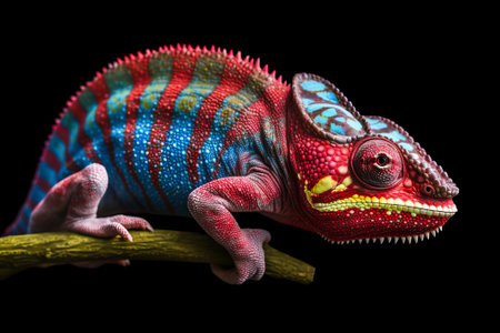 Beautiful multicolored chameleon sitting on wooden branch, black background - generative ai illustrationの素材