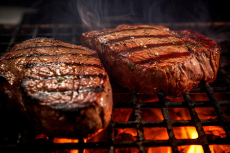 Two beautiful big juicy beef steaks on hot grill - barbecue detail - generative aiの素材