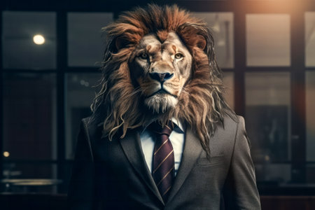 Businessman in suit standing in office. Creative photo montage - instead of a human head, he has a lion's head. Generative and others.の素材
