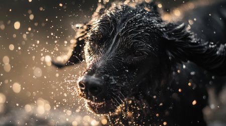 A close-up of a wet dog shaking off water after a swim in a lake, water droplets flying everywhereの素材